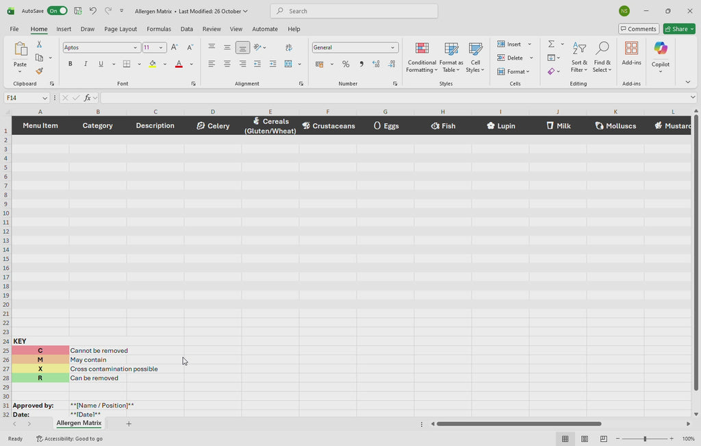 Restaurant Food Allergen Matrix Template