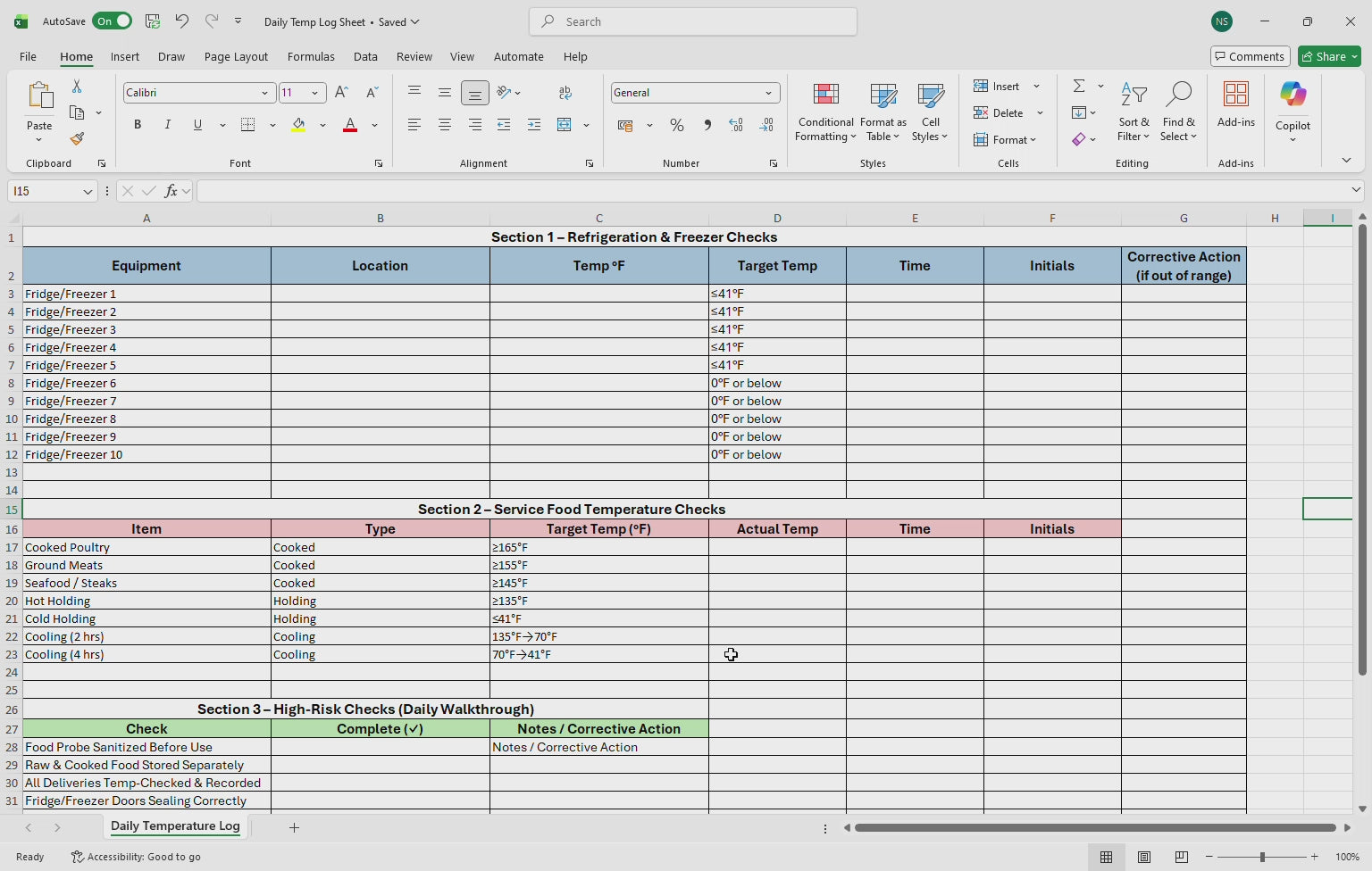 Daily Refrigerator & Freezer Temperature Logs