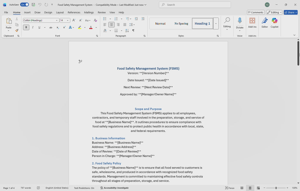 Food Safety Management System for Restaurants