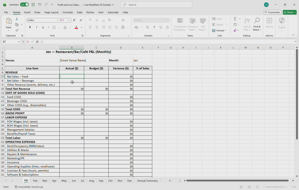 Restaurant Profit & Loss Yearly Template