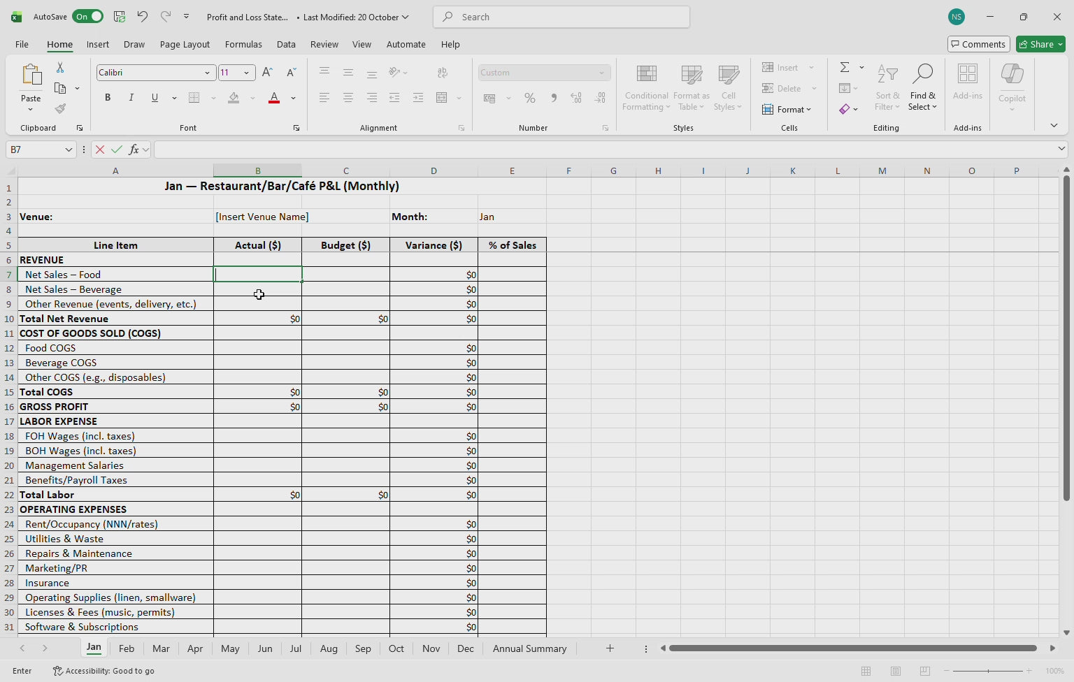 Restaurant Profit & Loss Yearly Template