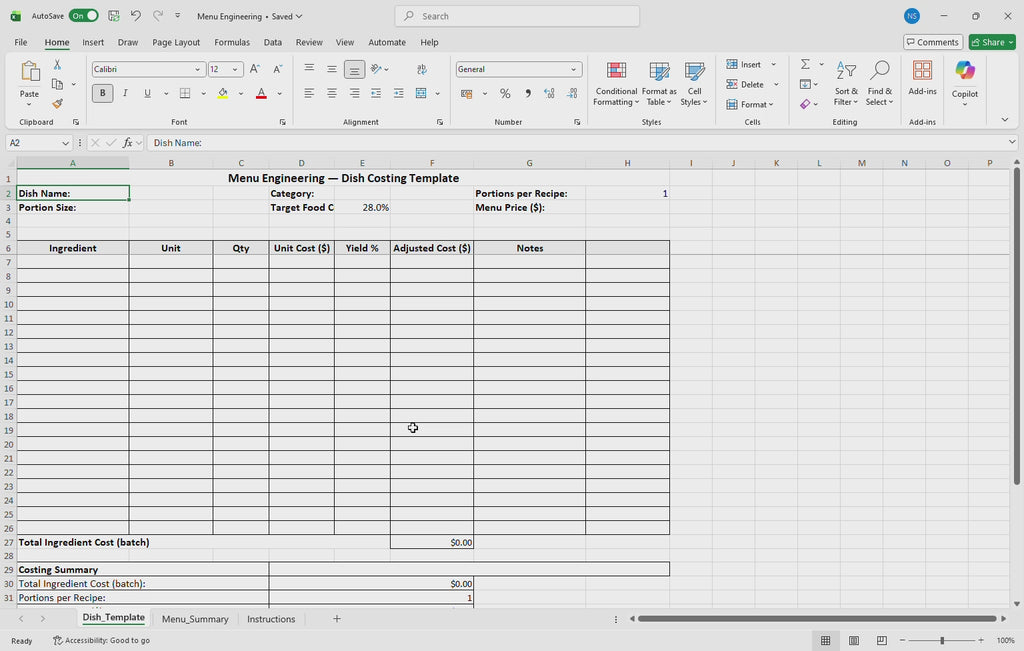 Menu Engineering Template for Restaurants, Cafes & Bars