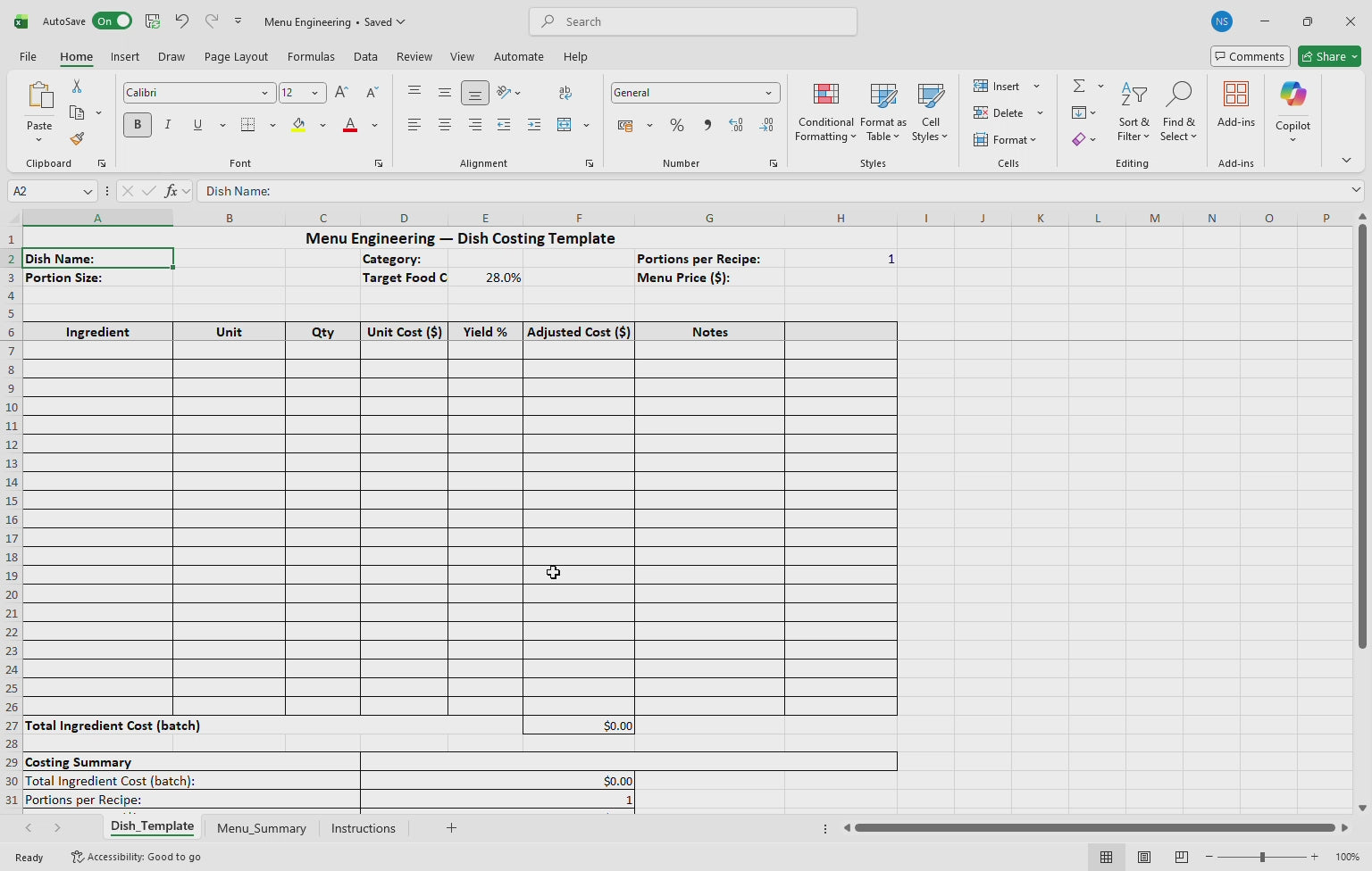 Menu Engineering Template for Restaurants, Cafes & Bars